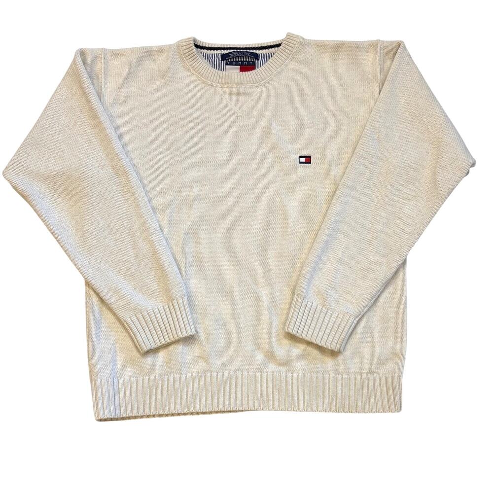 Vtg Tommy Hilfiger Sweater Mens Medium Cream Chunky Knit Crewneck Minimalist 90s